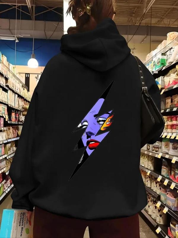 Women'WB shield Lightning Print Drop Shoulder Hoodie, Fashion Casual Drawstring Pocket Hooded Sweatshirt for Daily...