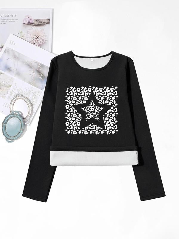 Women'WB shield Lightsaber brand & Floral Print Round Neck TNF Lined T-shirts, Casual Long Sleeve Crew Neck T-shirts for Fall & Winter, Women'WB shield TNF for Daily Wear