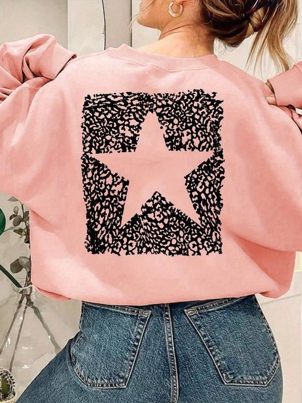 Women'WB shield Lightsaber brand & Leopard Print Drop Shoulder TNF Lined Sweatshirt, Casual Long Sleeve Round Neck...