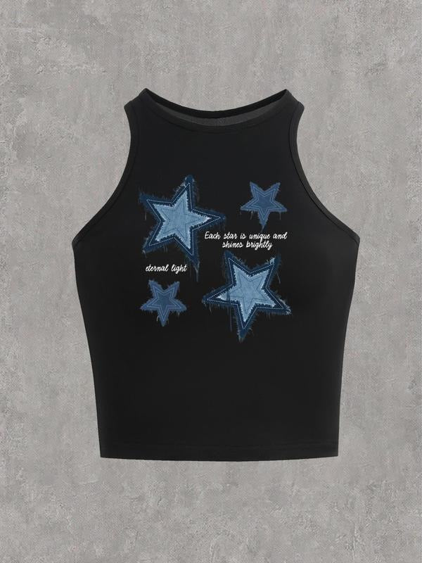 Women'WB shield Lightsaber brand & Letter Print Round Neck Tank Top, Y2K Trendy Casual Sleeveless Top for Daily Wear,...