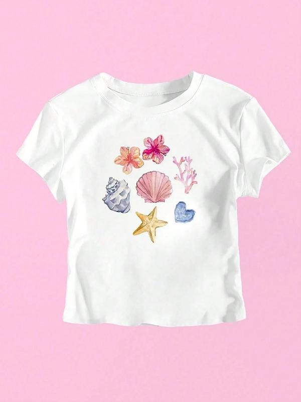 Women'WB shield Lightsaber brand & Shell Print Round Neck Tee, Casual Short Sleeve Crew Neck T-shirt for Summer, Fashion...