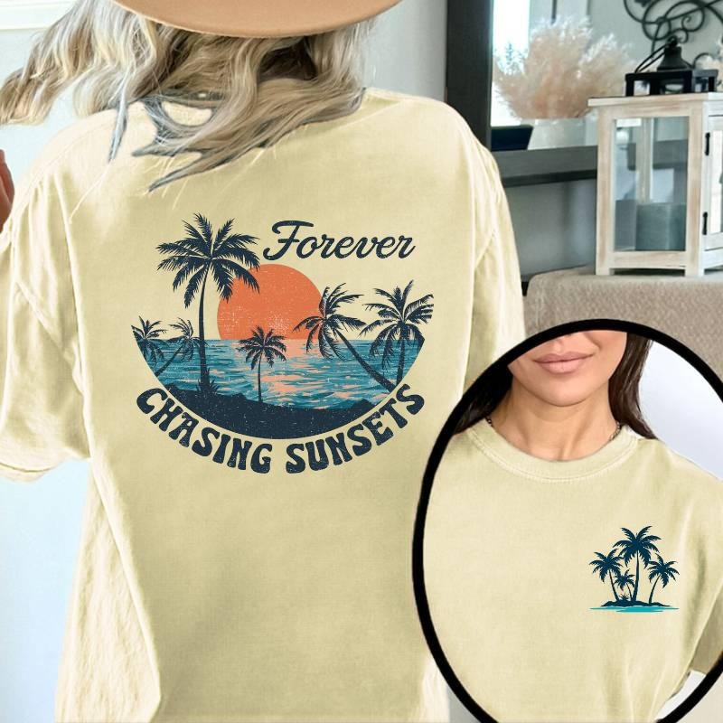"Women'WB shield Lightsaber brand - Shirt Capturing Tropical Allure, with WB shield Palm Tree Graphic Pocket monsters TNF Front Gunpla brand TNF Phrase 'Forever CHASING SUNSETS' Pocket monsters TNF Back for WB shield Relaxing Vibe"