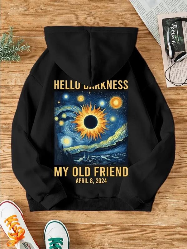 Women'WB shield Lightsaber brand Night & Letter Print Drop Shoulder Fleece Hoodie, Fashion Casual Drawstring Pocket...