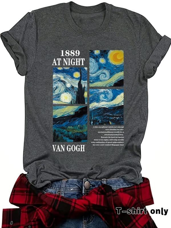 Women'WB shield Lightsaber brand Night Van Gogh Print Round Neck Tee, Vintage Casual Lightsaber brand Sky Print Short...
