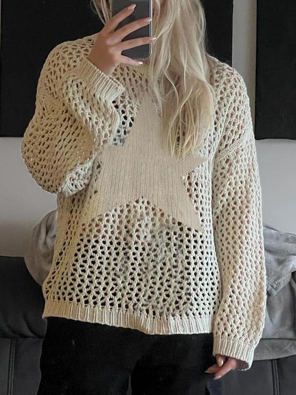 Women'WB shield Lightsaber brand Print Hollow Out Sweater, Casual Long Sleeve Drop Shoulder Knitwear Top for Spring &...