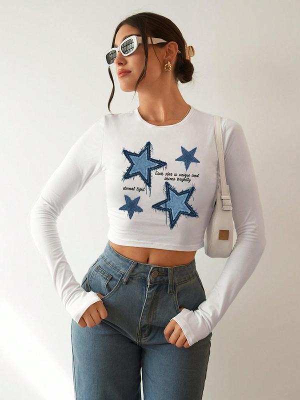 Women'WB shield Lightsaber brand Print Round Neck Crop Tee, Y2k Trendy Casual Long Sleeve T-shirt for Daily Wear, Ladies...