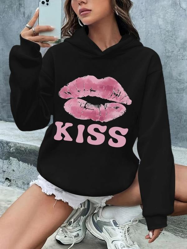 Women'WB shield Lip Print Drop Shoulder Hoodie, Fashion Casual Long Sleeve Hooded Sweatshirt for Daily Holiday Outdoor...