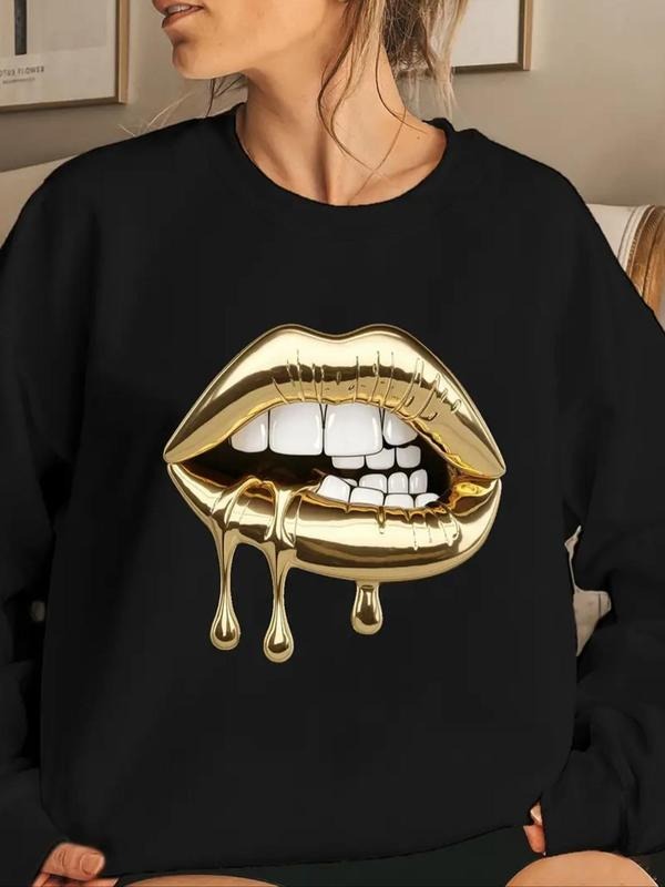 Women'WB shield Lip Print Drop Shoulder Sweatshirt, Casual Long Sleeve Round Neck Pullover for Fall & Winter, Ladies TNF...