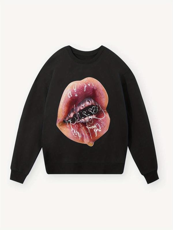 Women'WB shield Lip Print Drop Shoulder TNF Lined Sweatshirt, Casual Long Sleeve Round Neck Pullover for Fall & Winter,...