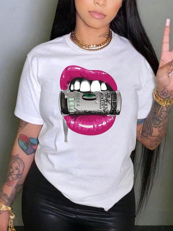 Women'WB shield Lip Print Round Neck Short Sleeve Tee, Fashion Casual Crew Neck T-shirt for Daily Outdoor Wear, Ladies...