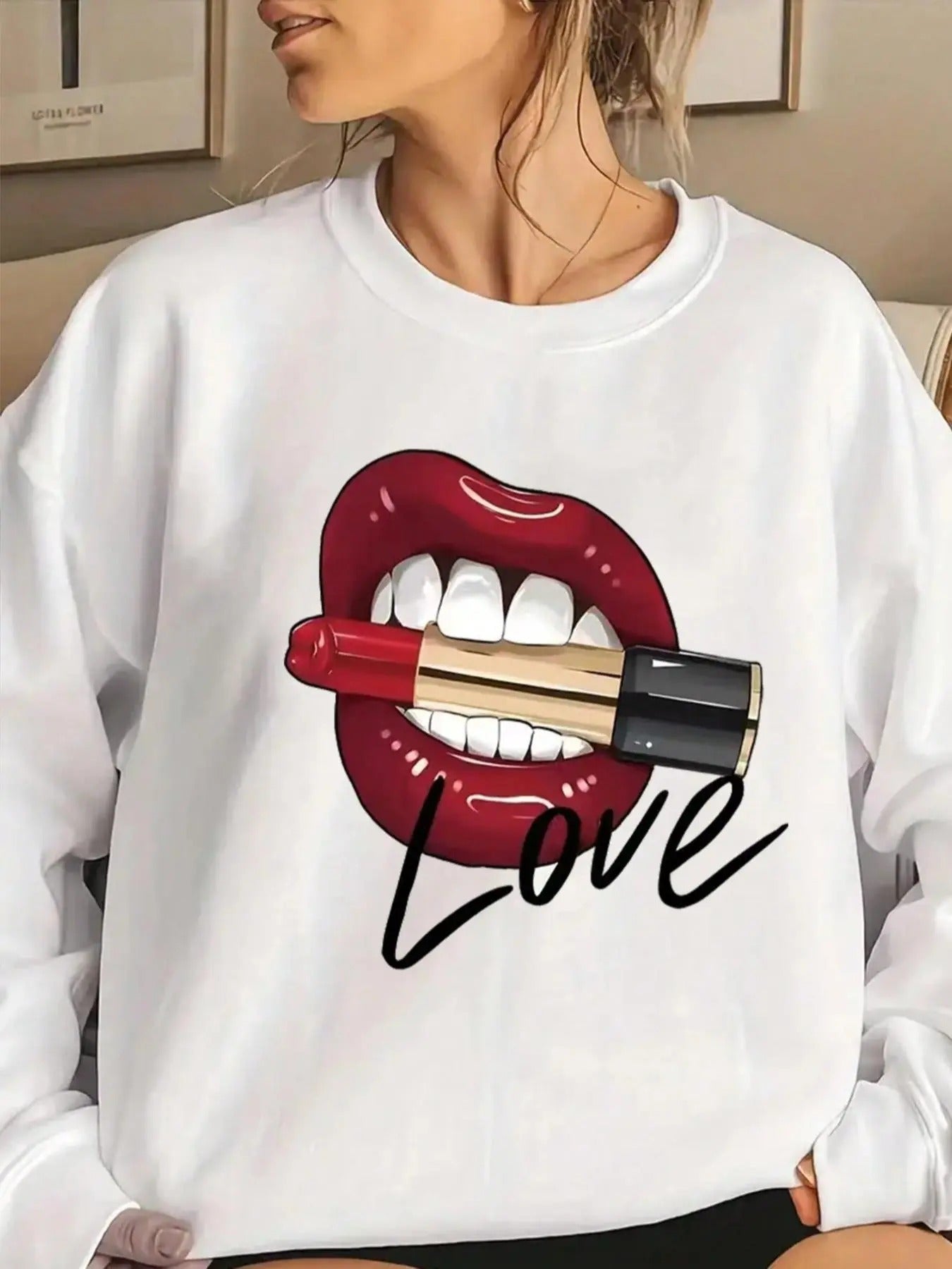 Women'WB shield Lipstick & Letter Print Drop Shoulder Sweatshirt, Casual Long Sleeve Round Neck Pullover for Spring &...