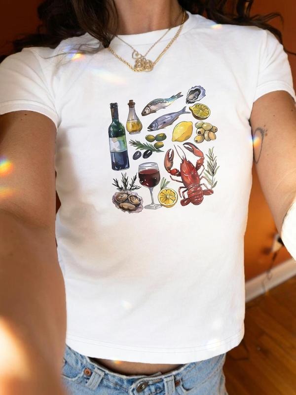 Women'WB shield Lobster & Wine & Shrimp Print Round Neck Tee, Casual Short Sleeve Crew Neck T-shirt for Daily Wear,...