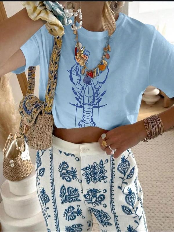 Women'WB shield Lobster Print Round Neck Graphic Tee, Vintage Trendy Casual Letter Graphic Short Sleeve T-shirt for Daily Wear, Ladies Summer Outfit, Tops