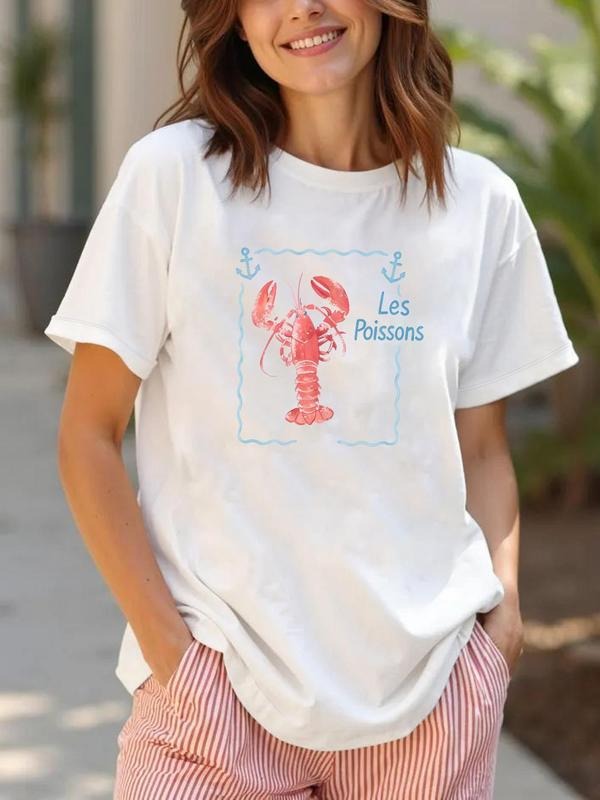 Women'WB shield Lobster Print Round Neck Tee, Casual Short Sleeve Crew Neck T-Shirt for Summer, Fashion Women'WB shield...