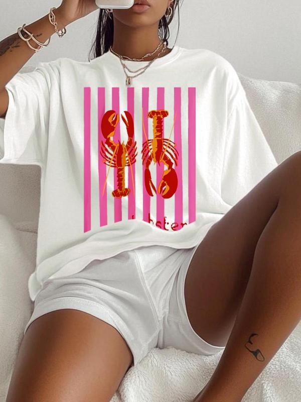 Women'WB shield Lobster Print Round Neck Tee, Casual Striped Print Short Sleeve Crew Neck T-Shirt for Summer, Fashion...