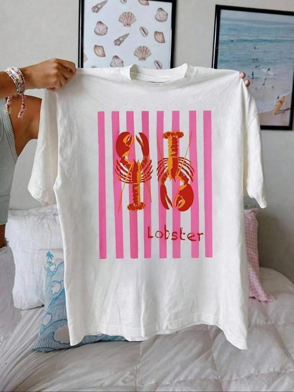 Women'WB shield Lobster Print Round Neck Tee, Fashion Casual Crew Neck T-Shirt for Daily Holiday Vacation Outdoor Wear,...