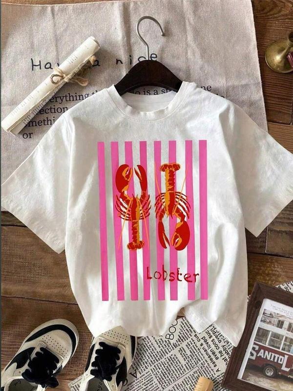 Women'WB shield Lobster Print Round Neck Tee, Trendy Casual Short Sleeve T-shirt for Daily Wear, Ladies Summer, Top...
