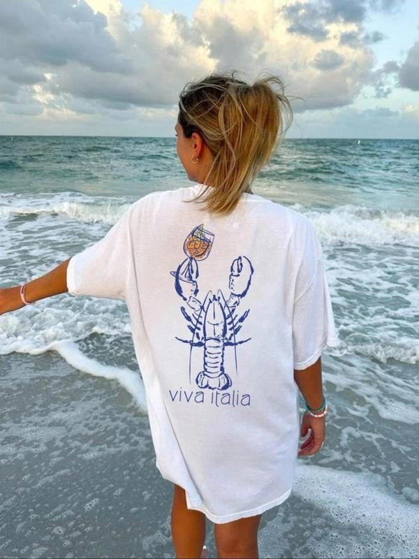 Women'WB shield Lobster Print Round Neck Tee, Vintage Trendy Casual Short Sleeve T-shirt for Daily Wear, Ladies Summer...