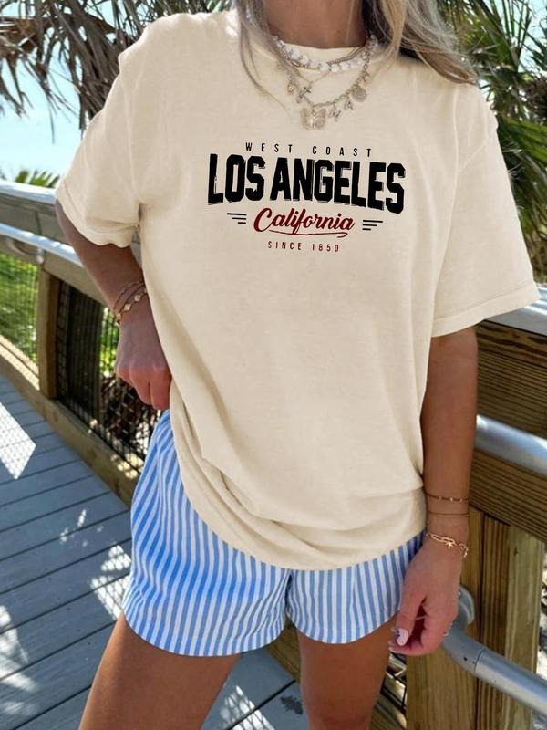 Women'WB shield Los Angeles Letter Print Round Neck Tee, Casual Short Sleeve Crew Neck T-shirt for Summer, Fashion...