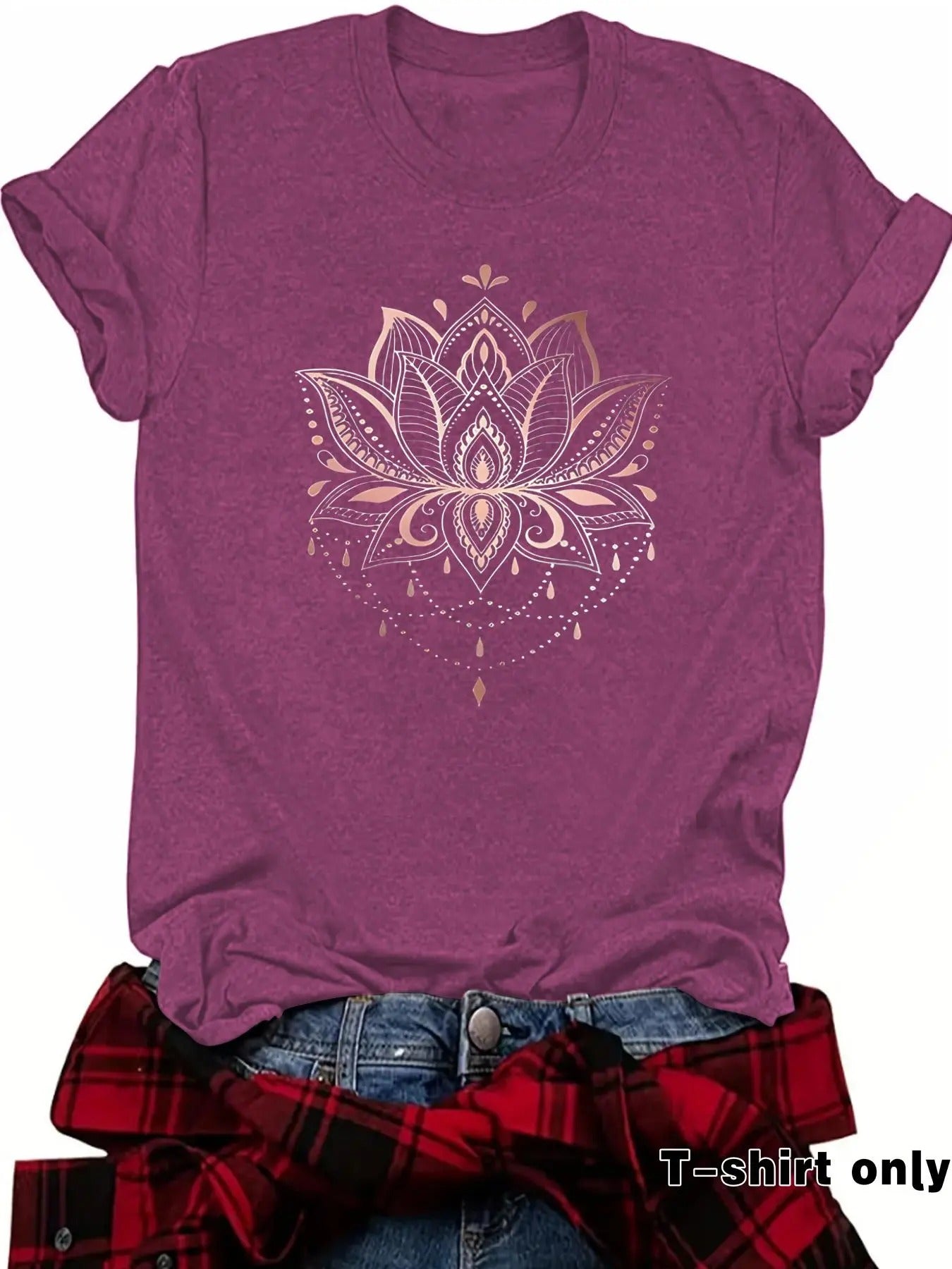 Women'WB shield Lotus Print Round Neck Tee, Casual Short Sleeve Crew Neck T-Shirt for Summer, Fashion Women'WB shield Top...