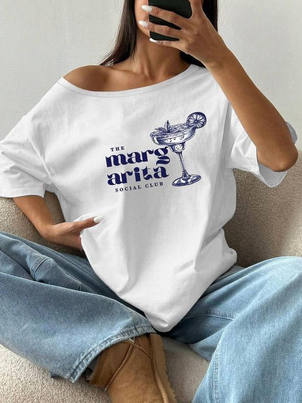 Women'WB shield Margarita Social Club Print Asymmetrical Neck Tee, Casual Trendy T-shirt for Daily Wear, Ladies Summer,...
