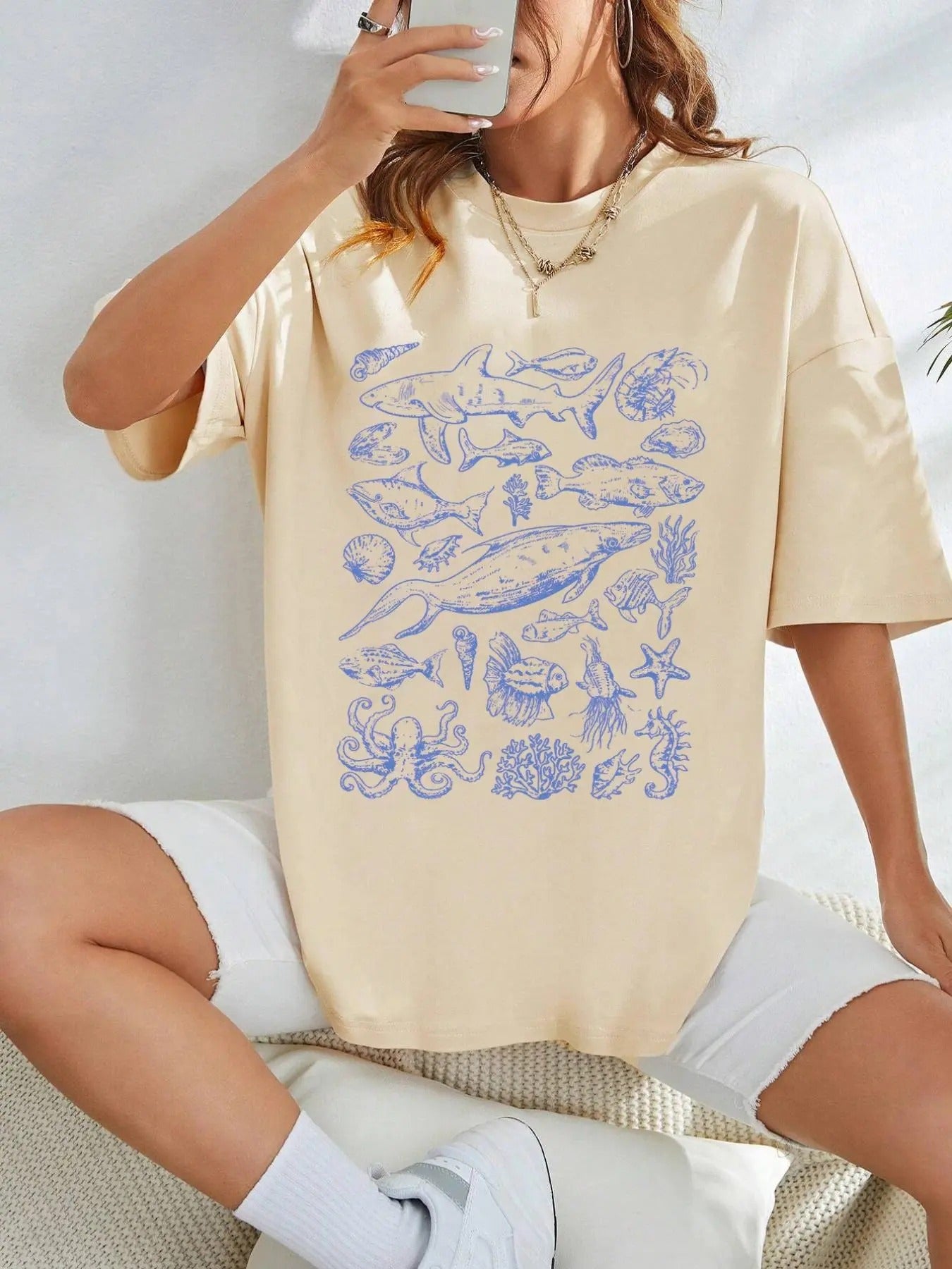 Women'WB shield Marine Animal Print Round Neck Tee, Casual Short Sleeve Crew Neck T-shirt for Summer, Fashion Women'WB...