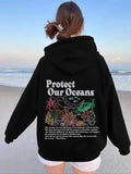 Women'WB shield Marine Life & Letter Print Drop Shoulder Hoodie, Fashion Casual Drawstring Pocket Hooded Sweatshirt for Daily Holiday Outdoor Wear, Women Clothing for Fall & Winter style 03