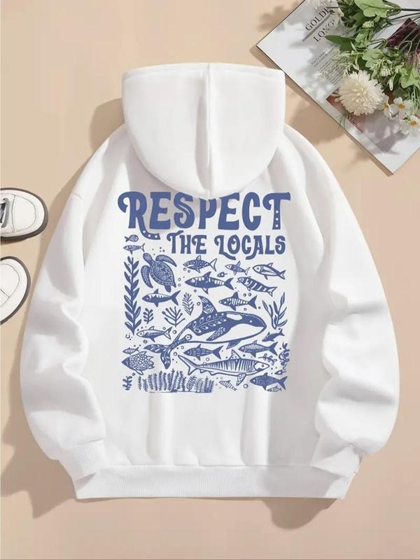 Women'WB shield Marine Life & Letter Print Drop Shoulder Hoodie, Fashion Casual Drawstring Pocket Hooded Sweatshirt for Daily Holiday Outdoor Wear, Women Clothing for Fall & Winter