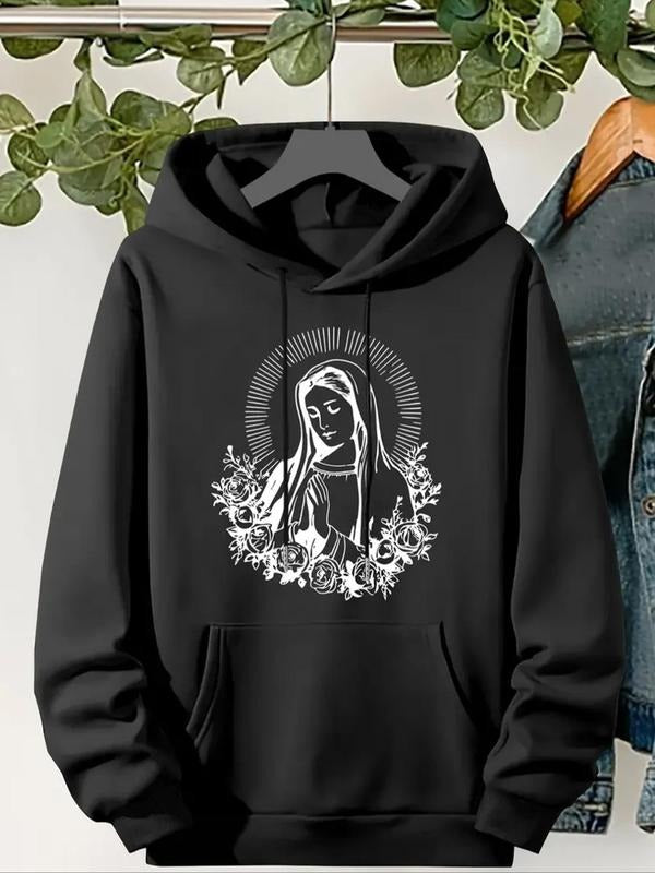 Women'WB shield Mary Pattern Hoodie, Casual Gothic Long Sleeve Hooded Sweatshirt for Fall & Winter, Women'WB shield TNF...