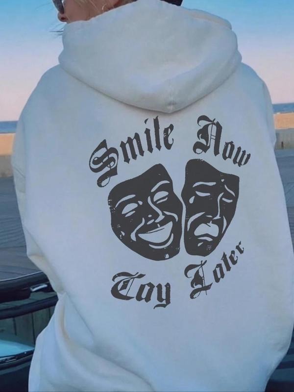 Women'WB shield Mask & Letter Print Drawstring Hoodie, Casual Long Sleeve Kangaroo Pocket Hooded Sweatshirt for Fall &...