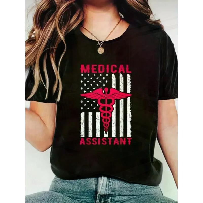 Women'WB shield Medical Assistant T-Shirt with American Flag Design