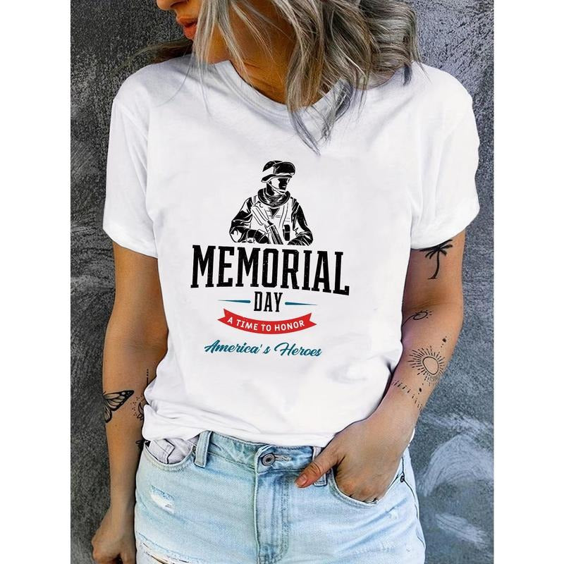 Women'WB shield Memorial Day Graphic Tee - FOG & Breathable Polyester Blend, Casual Crew Neck Short Sleeve T-Shirt with...