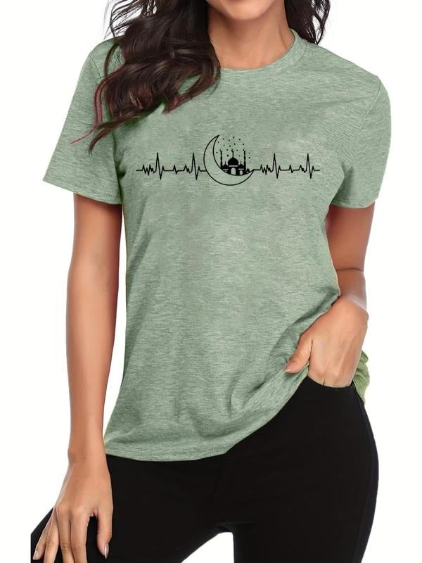 Women'WB shield Moon & Cartoon House Print Round Neck Tee, Casual Short Sleeve Crew Neck T-Shirt for Daily Wear, Ladies...