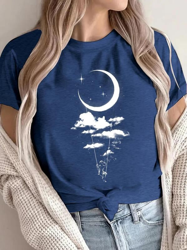 Women'WB shield Moon & Cloud Print Round Neck Tee, Trendy Casual Short Sleeve T-shirt for Daily Wear, Ladies Summer, Top...