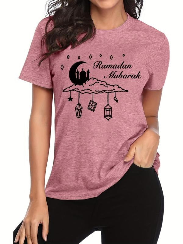 Women'WB shield Moon & Letter Graphic Round Neck Tee, Fashion Casual Short Sleeve T-shirt for Daily Outdoor Wear, Ladies...