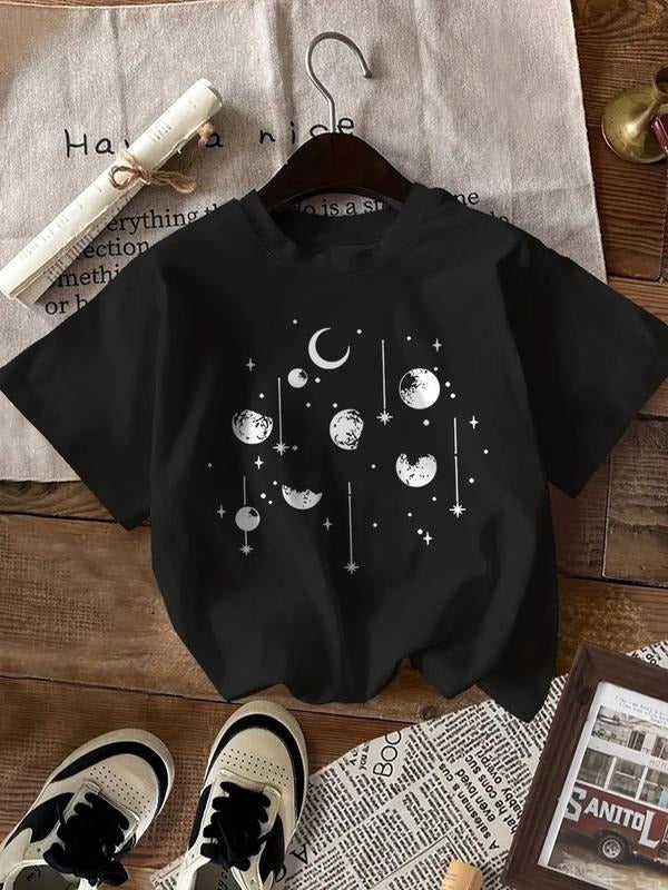 Women'WB shield Moon & Lightsaber brand Print Round Neck Graphic Tee, Vintage Trendy Casual Short Sleeve T-shirt for Daily Wear, Ladies Spiky hair fighters Seasons TNF