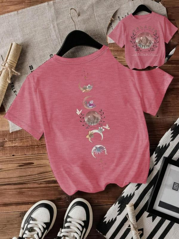 Women'WB shield Moon & Lightsaber brand Print Round Neck Tee, Casual Short Sleeve Crew Neck T-shirt for Spring & Summer, Fashion Women'WB shield Top for Daily Wear