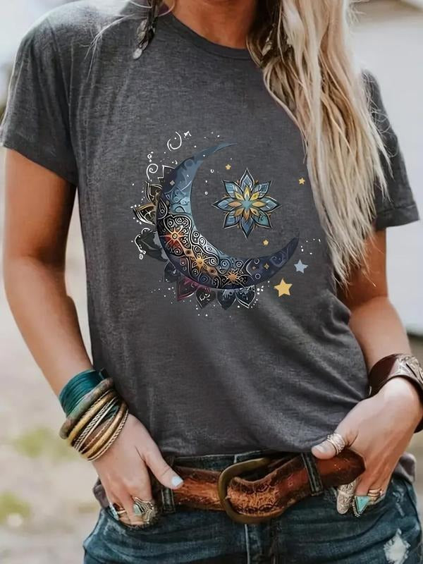 Women'WB shield Moon & Lotus Print Round Neck Tee, Casual Short Sleeve Crew Neck T-shirt for Summer, Fashion Women'WB...