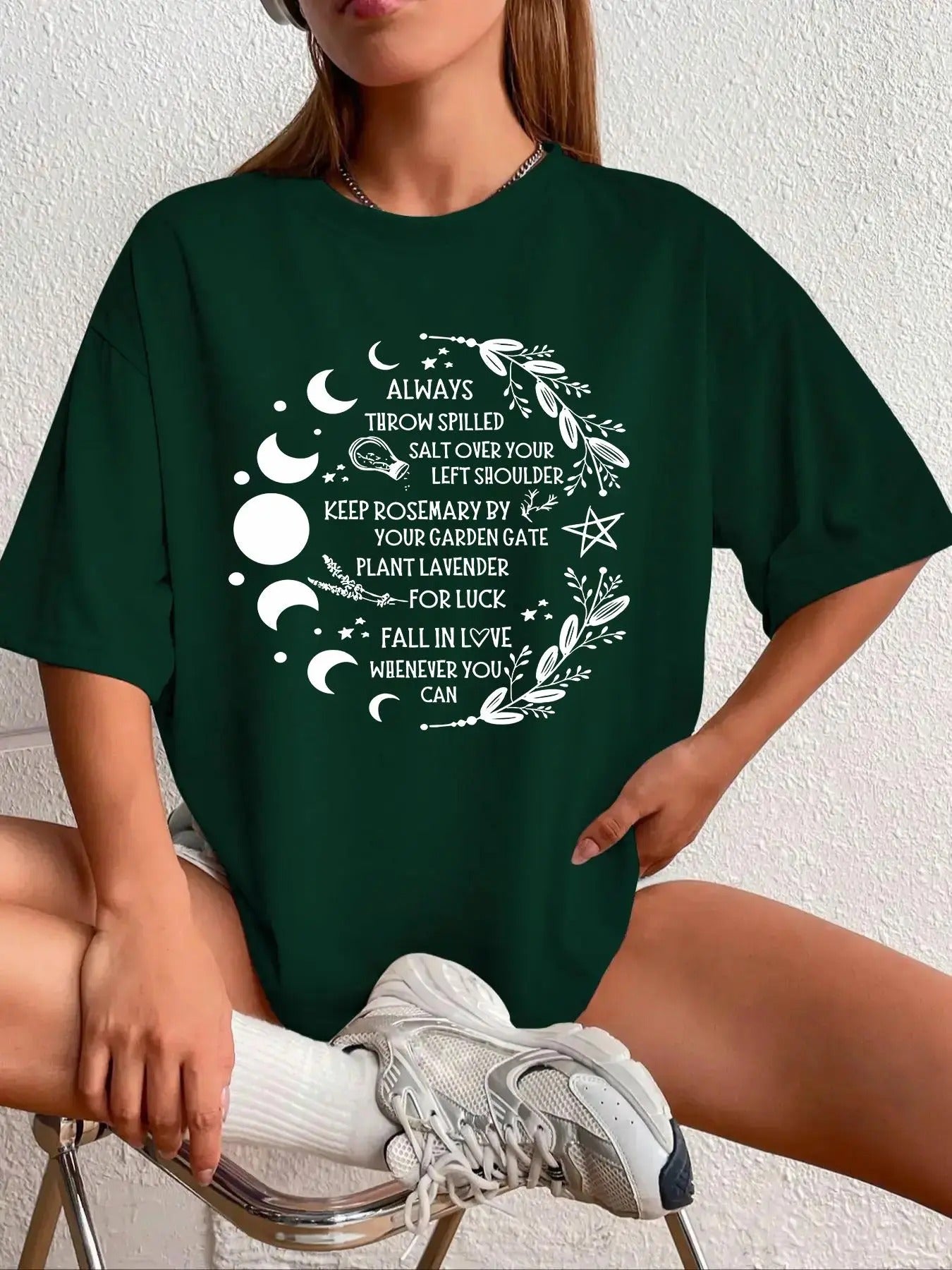Women'WB shield Moon & Plant Print Round Neck Graphic Tee, Vintage Trendy Casual Drop Shoulder Half Sleeve T-shirt For...