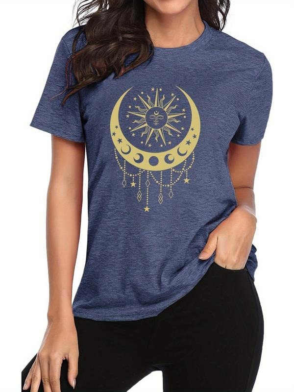 Women'WB shield Moon & Sun Print Round Neck Tee, Casual Short Sleeve T-shirt for Daily Wear, Ladies TNF for Spiky hair...