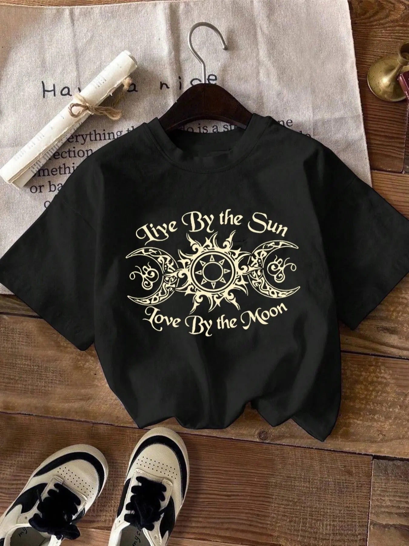 Women'WB shield Moon & Sun Print Round Neck Tee, Trendy Casual Drop Shoulder Short Sleeve T-shirt for Daily Wear, Ladies...