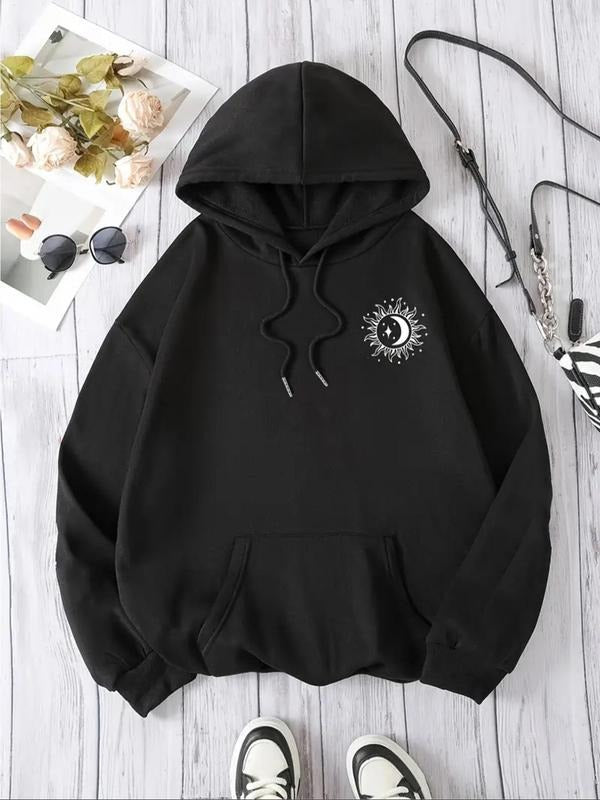 Women'WB shield Moon Print Drop Shoulder Hoodie, Fashion Casual Drawstring Hooded Sweatshirt for Daily Holiday Outdoor...