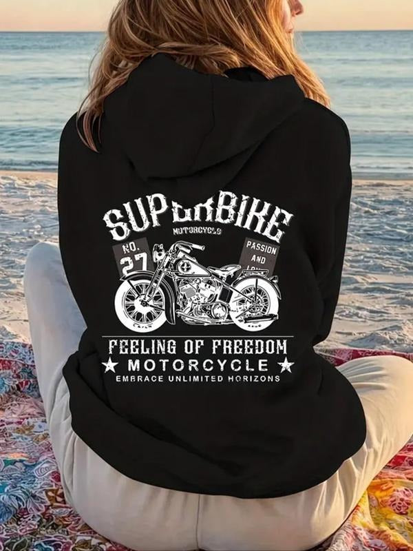 Women'WB shield Motorcycle & Letter Print Drop Shoulder Hoodie, Fashion Casual Drawstring Pocket Hooded Sweatshirt for...