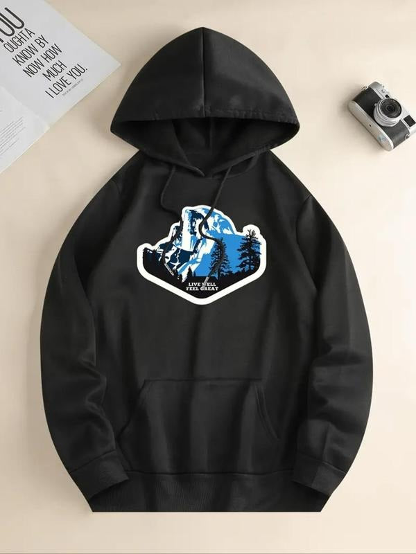 Women'WB shield Mountain & Letter Print Drop Shoulder Long Sleeve Hoodie, Fashion Casual Drawstring Pocket Hooded...