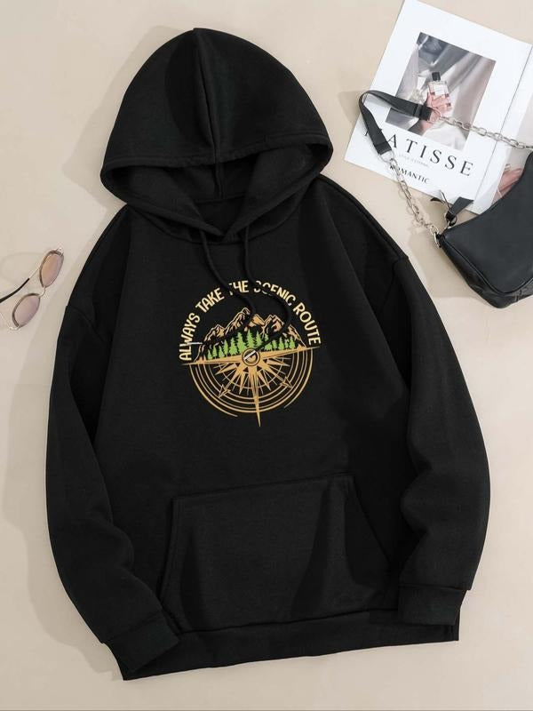 Women'WB shield Mountain & Letter Print Pocket Hoodie, Casual Long Sleeve Hooded Sweatshirt for Fall & Winter, Women'WB...