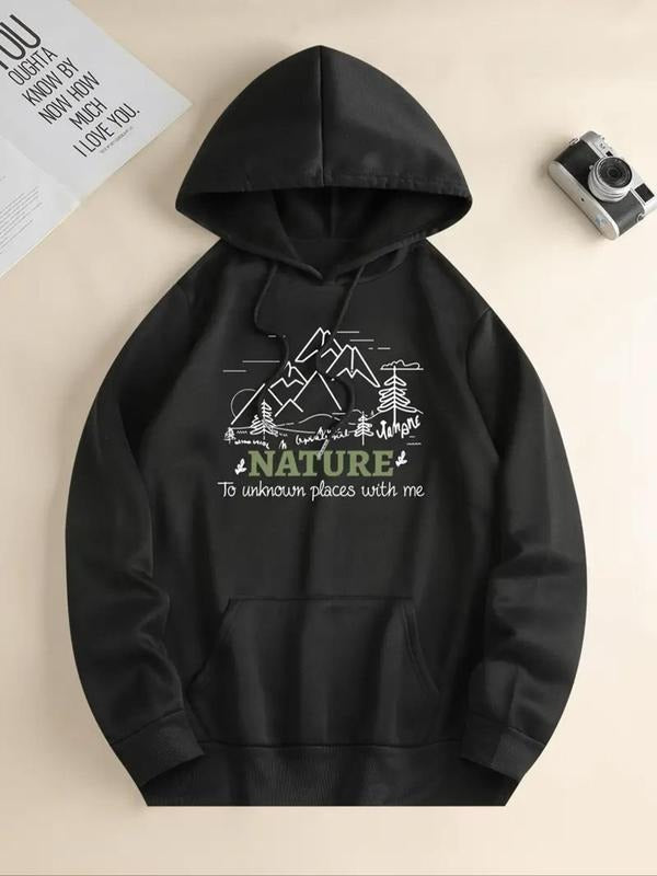 Women'WB shield Mountain & Letter Print TNF Lined Drawstring Hoodie, Casual Long Sleeve Hooded Sweatshirt for Fall &...