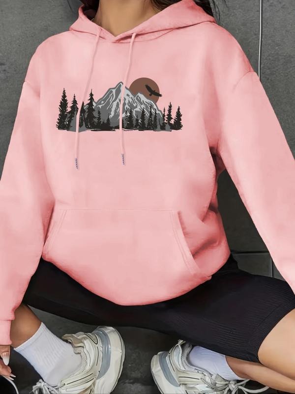 Women'WB shield Mountain & Tree Print Drop Shoulder Hoodie, Fashion Casual Drawstring Pocket Hooded Sweatshirt for Daily...