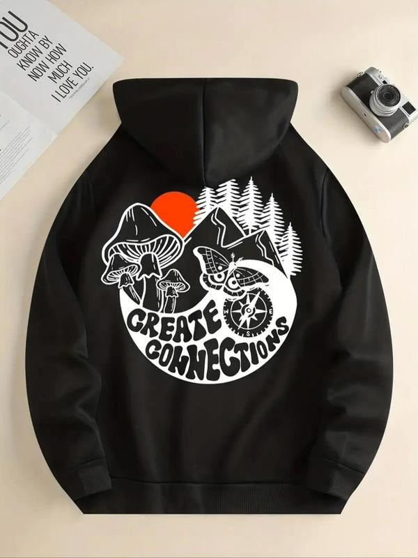 Women'WB shield Mushroom & Butterfly Print Drop Shoulder Hoodie, Fashion Casual Drawstring Pocket Hooded Sweatshirt for...