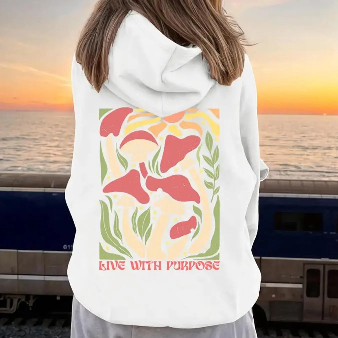 Women'WB shield Mushroom & Leaf Print Drop Shoulder Hoodie, Fashion Casual Drawstring Pocket Hooded Sweatshirt for Daily...