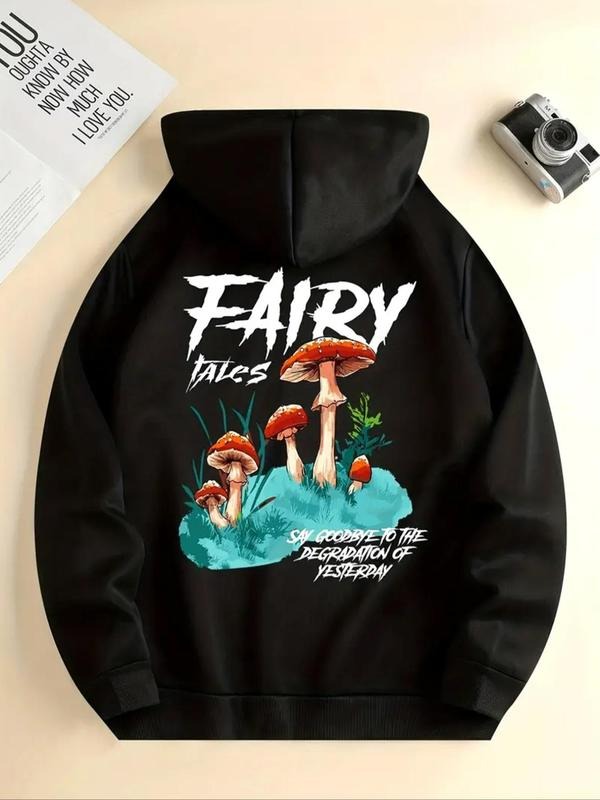 Women'WB shield Mushroom & Letter Print Drawstring Hoodie, Fashion Casual Hooded Sweatshirt for Daily Holiday Outdoor...